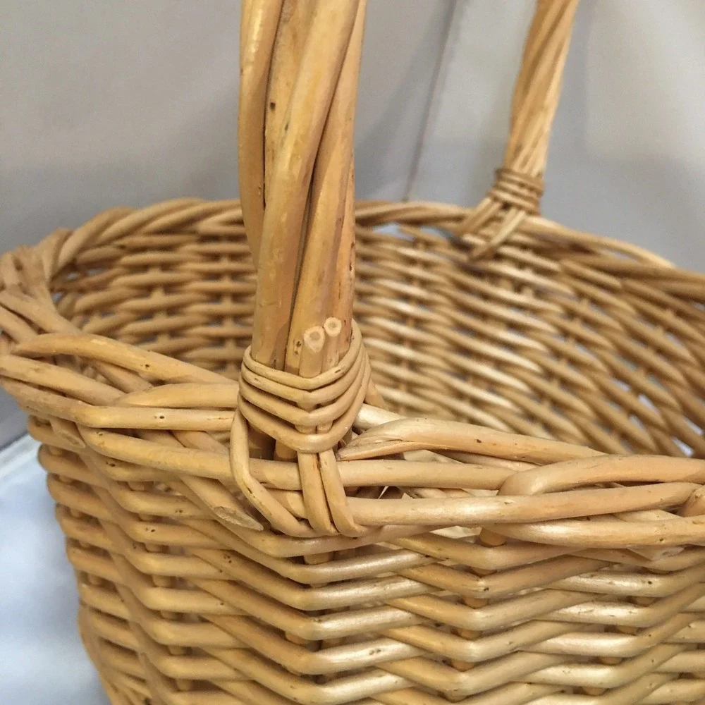 Wicker Round Basket Unisex Medium Tan Woven Willow with Handle Cottagecore